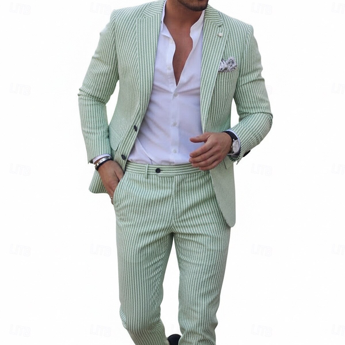 Мужские повседневные пляжные свадебные пиджаки с узором зебра розовые небесно-голубые модные легкие полосатые приталенные 2-х предметные с единственной пуговицей на два кнопки 2026 - $109.99 –P2