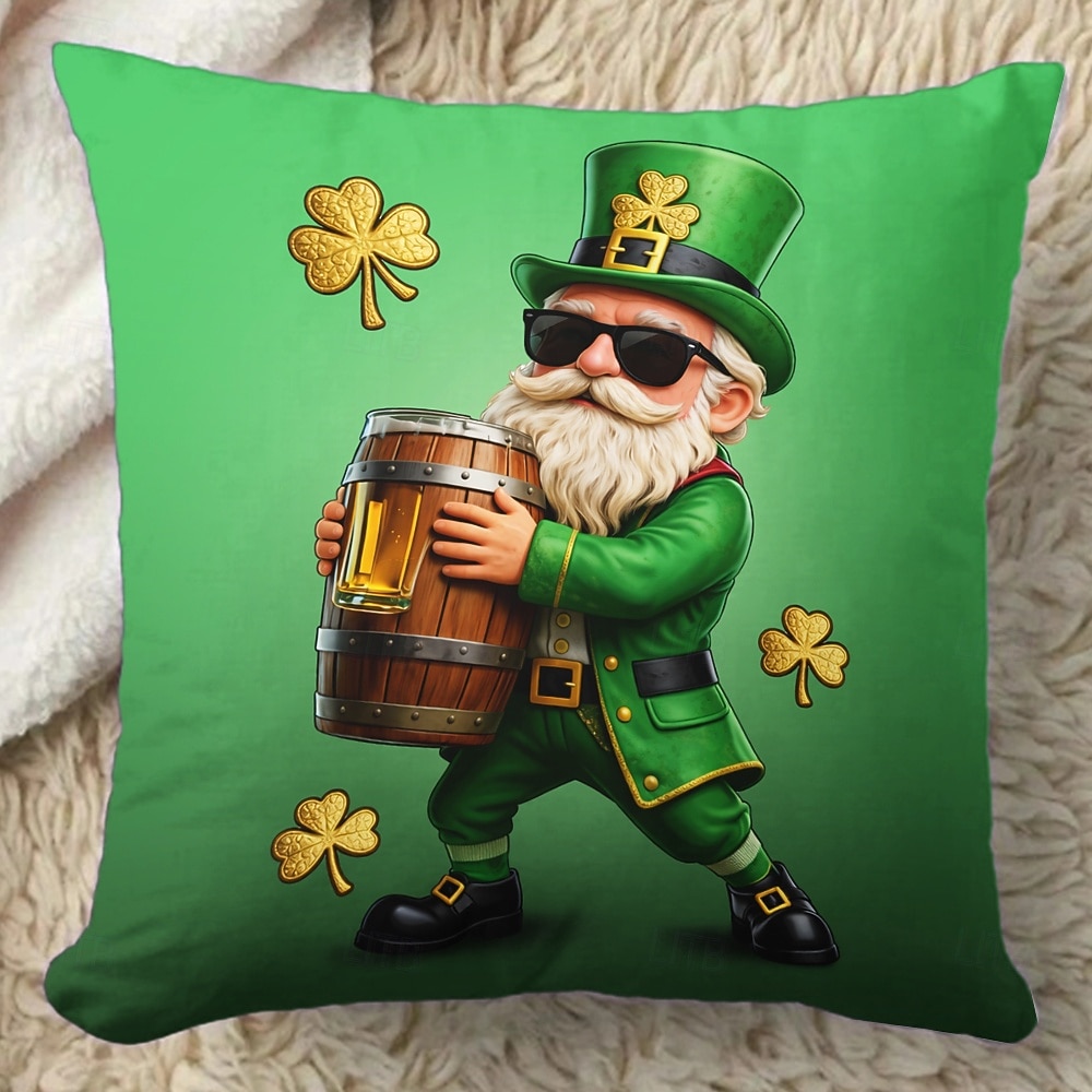 Szent Patrik-napi lóhere manó sör díszpárnahuzat 45x45 cm, vintage retro zöld 3D nyomtatott dekoratív párnahuzat 2026 - $10.99 –P8