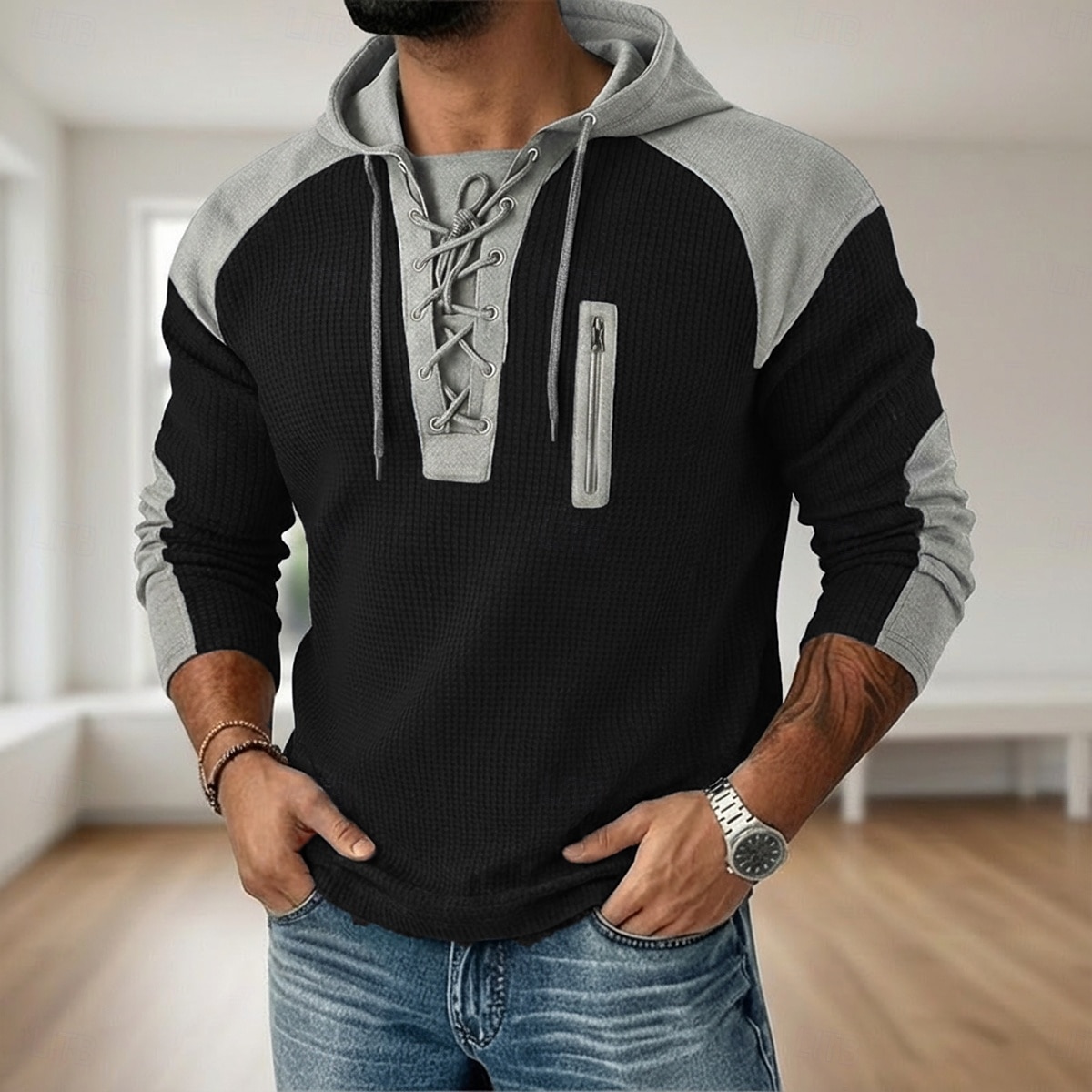 رجالي تي شيرت وافل تي شيرت وافل هينلي قميص كم طويل مع قبعة ربط الحذاء حتى الرقبة الخريف خريف & شتاء لون الصلبة محكم التقليدية / المعتقة هودي رباط فضفاض المنزل الأماكن المفتوحة أزرق فاتح أسود أبيض 2026 - $26.99 –P9