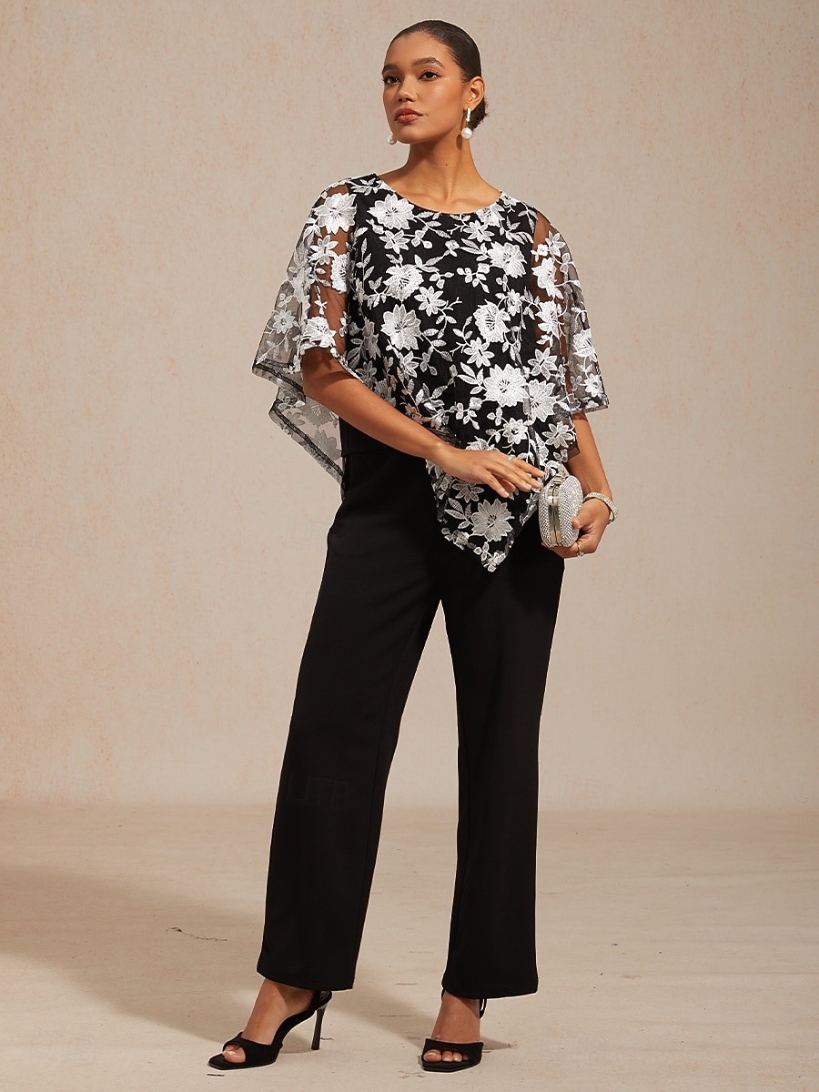 2026年 女性用 ブラウス レーストップス レース 刺繍 フラワー エレガント ハーフスリーブ バットウィングスリーブ クルーネック 日常 結婚式のゲスト ブラック 夏 春 秋  コレクション – $86.99 –P8