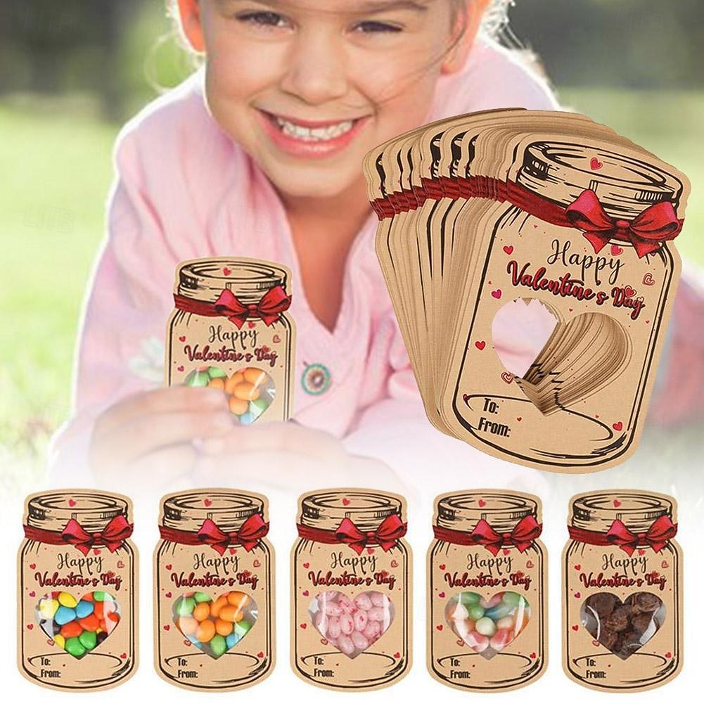 Balení 60 valentýnských přáníček pro děti, valentýnské přáníčky ze zavařovací sklenice s taštičkami na pamlsky, zábavné valentýnky do třídy pro chlapce &dívčí školní oslavy (sladkosti nejsou součástí) 2026 - $8.49 –P4