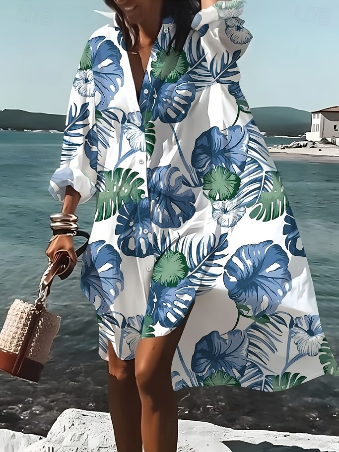 Femmes Robe Midi Robe Chemise Robe Décontractée Robe d'été Élégant Bohème Vacances Plage Coupe régulière Fleuri manche longue Col de chemise Bleu Noir Vert Été Printemps de 2026 ? CAD $70.07 –P1