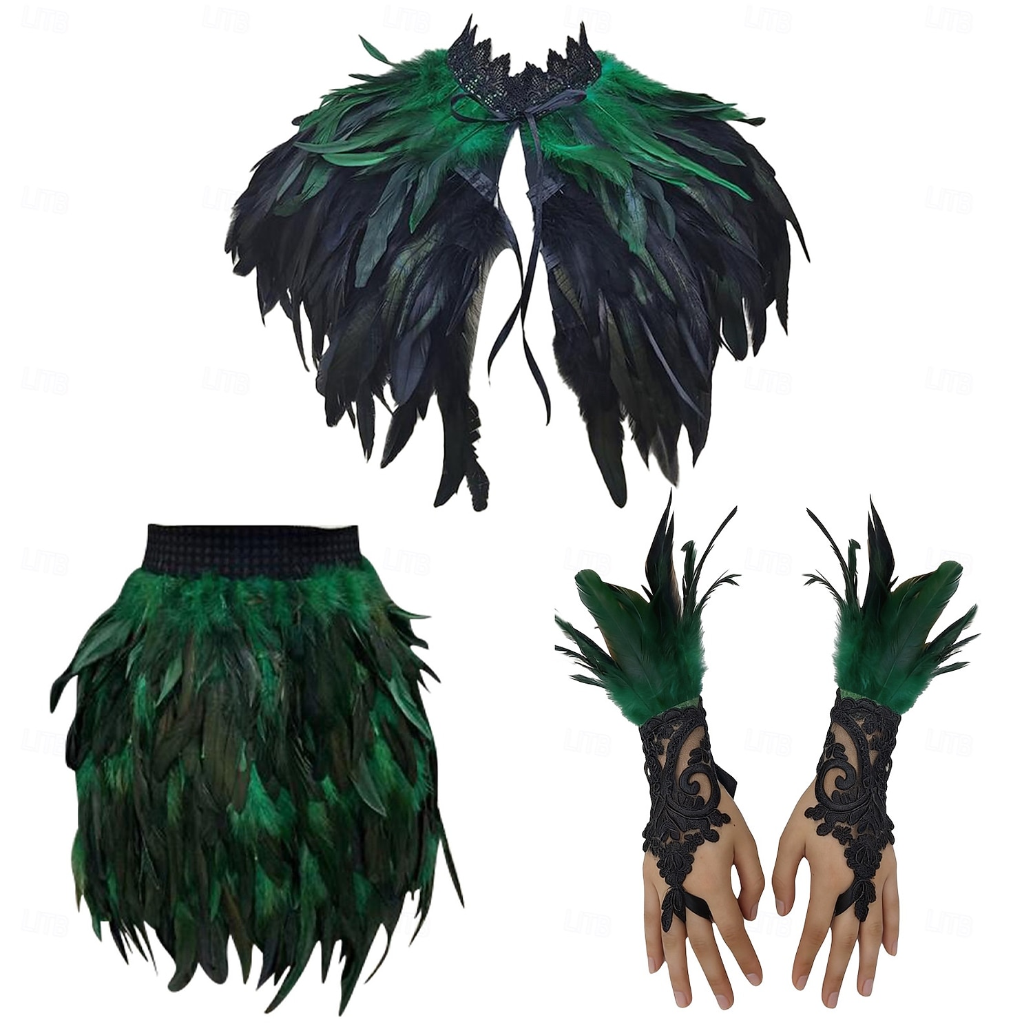 Carnaval 2026 Rio Carnaval Samba Accessoires 3-delig Vrouwen Veer Kostuum Set Gotische Veer Cape Sjaal Mini Rok  Lange Kant Polsmanchetten Brazilië Festival Performance Kostuum 2026 - $65.99 –P2