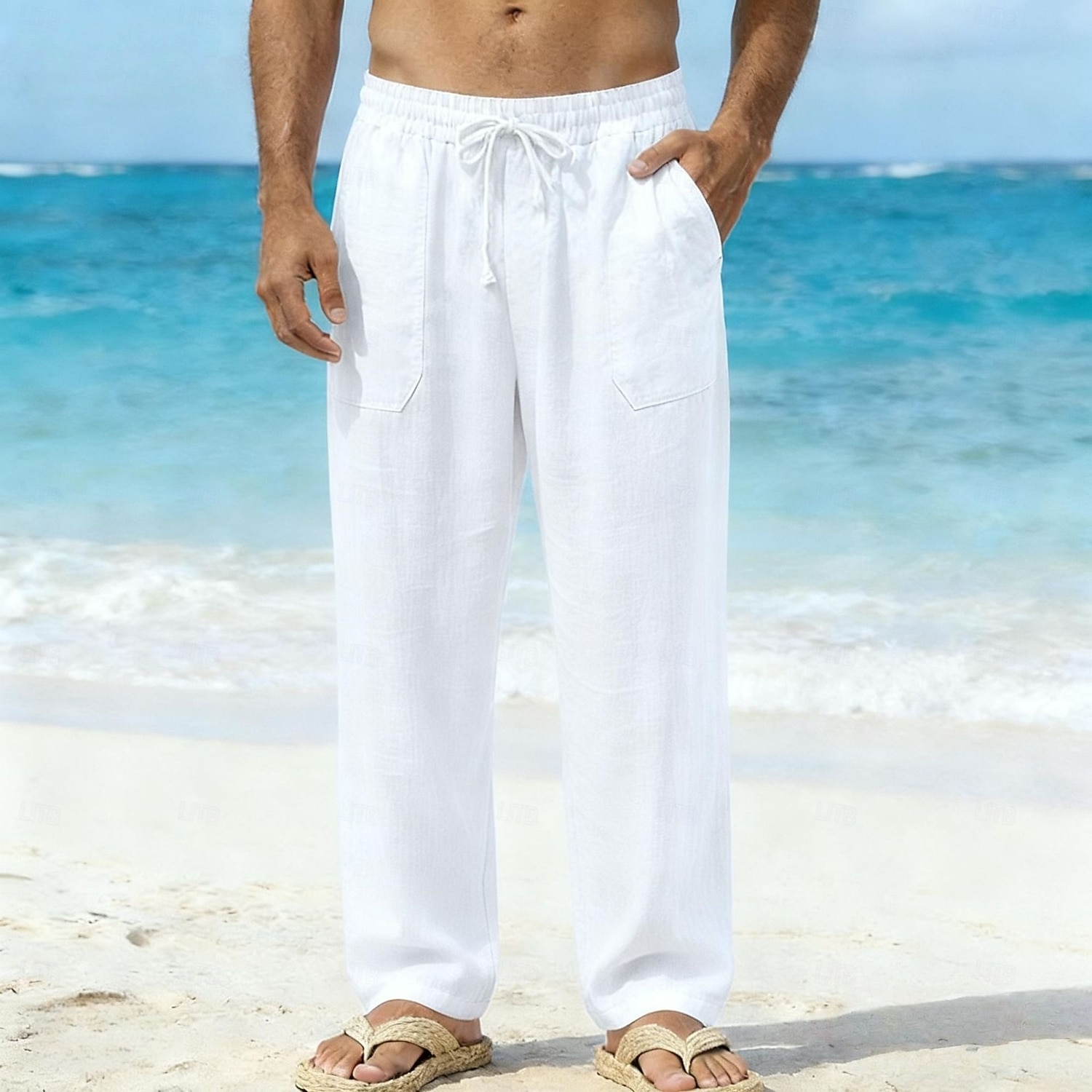 Homme Pantalons en Lin Pantalons Pantalon d'été Pantalons Amples Cordon de serrage Taille Élastique Jambe Droite Uni Confort Respirant Longueur complète Quotidien Plage Fête Vacances Mode Bleu Blanche de 2026 ? $11.49 –P4