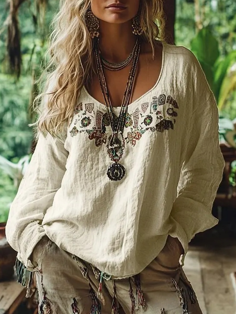 Women's Shirt Boho Shirt Blouse Print Graphic Bohemia Stylish Classic Long Sleeve V Neck Regular Tops Daily Holiday Going out Blue Black Light Green Wine Apricot Summer Spring Fall 2026 - $27.99 –P2