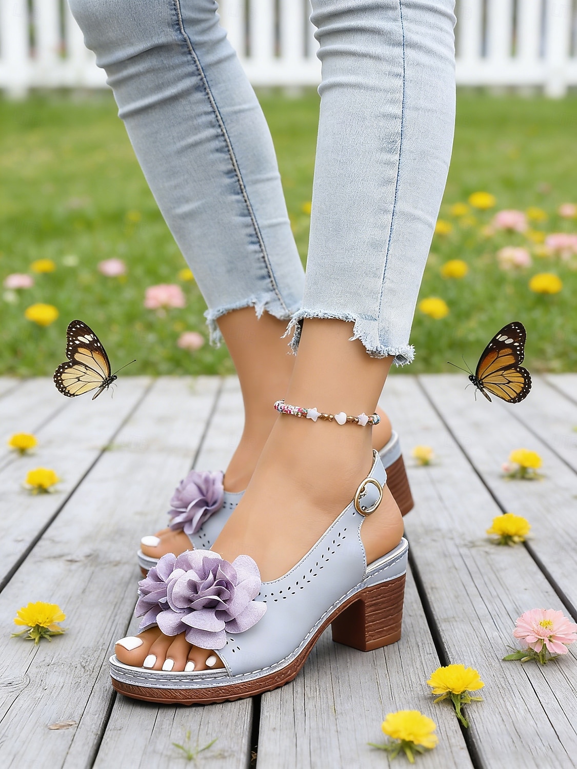 Graue Damen-Sandalen mit mittelhohem Absatz und Blumenmuster – elegant-lässiger Stil, bequemer Blockabsatz, ideal für Damen, Alltag, Gartenpartys, Reisen und Sommerveranstaltungen 2026 - $26.99 –P4