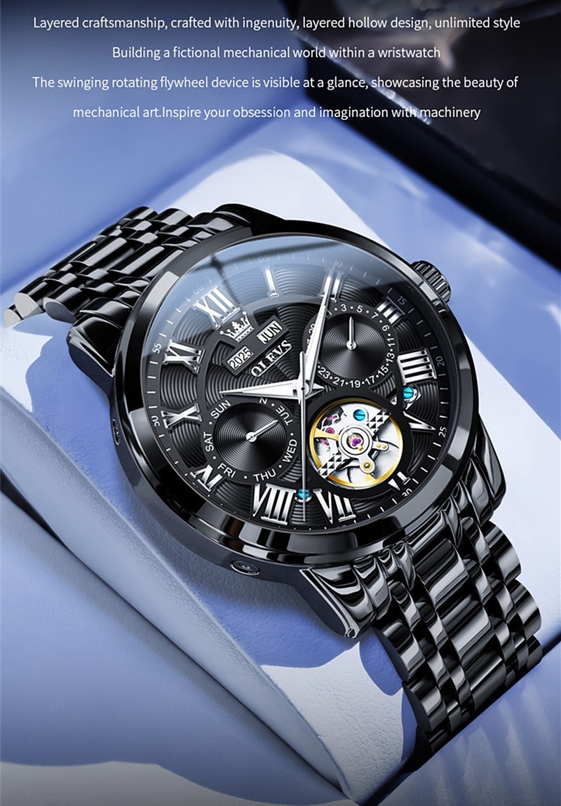 Новые мужские деловые часы Olevs с люминесцентным дисплеем, вечным календарем, календарем и отображением недели. Полностью механические часы с полым ротором для повседневного использования, 2026 - $97.99 –P6