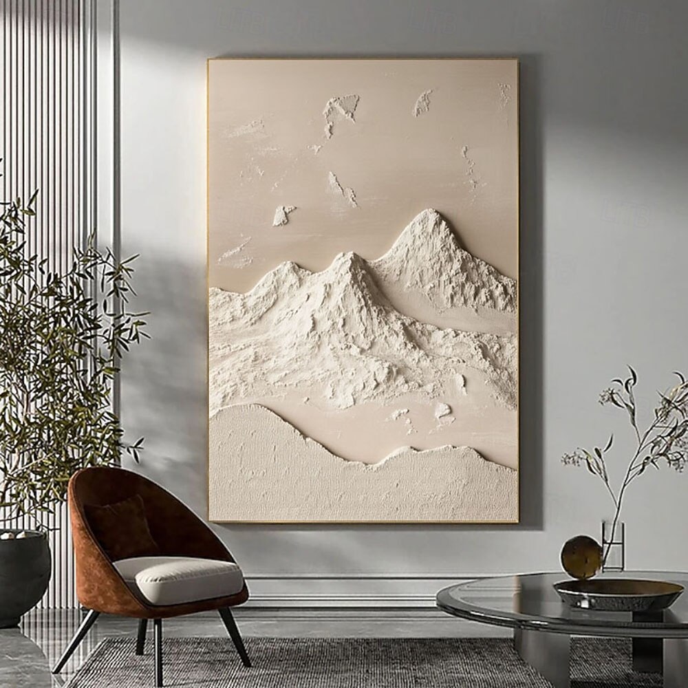 Tableau original blanc beige représentant une montagne, avec une texture 3D blanche. Peinture minimaliste beige en plâtre sur toile, style wabi-sabi. de 2026 ? $107.99 –P1