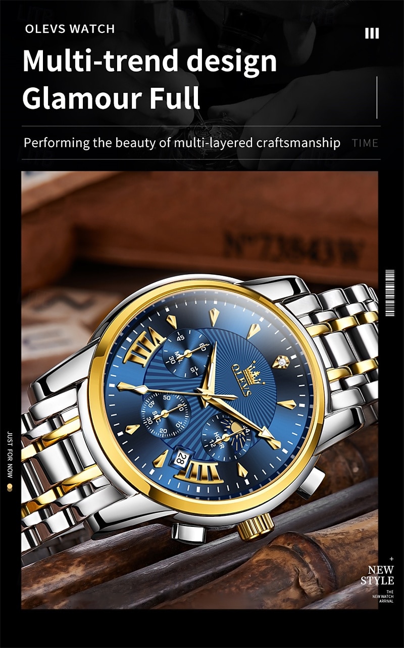 Nuovo orologio da uomo business del marchio olevs con calendario luminoso, fasi lunari, cronometro, orologio al quarzo multifunzionale e alla moda, orologio da polso da uomo casual, resistente del 2026 a $39.99 –P11
