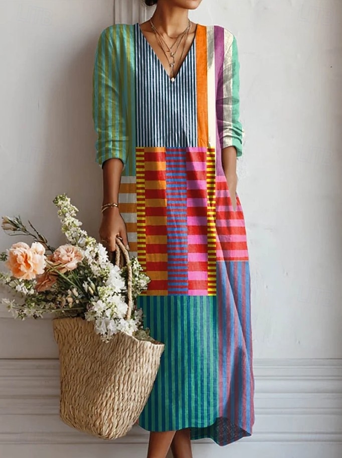 Γυναικείο Midi Φόρεμα Λινό Όπως Αναπνεύσιμο Ελαφρύ Καλοκαιρινό Φόρεμα Shift Casual Πάρτι Διακοπές Χαλαρή Εφαρμογή Γεωμετρικό Μακρύ Μανίκι V Λαιμός Κίτρινο Ροζ Ανοιχτό Καφέ Καλοκαίρι Άνοιξη 2026 - $41.99 –P4