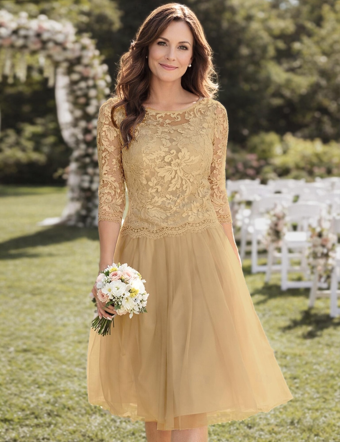 A-lijn Tot de knie Feestjurk Cocktail jurk Bruiloft gast jurk Moeder van de bruid jurk 3/4 mouw Met sieraad Elegant Doorzichtig Bruiloft gast Chiffon Kant Tule met Plooien Appliqués 2026 - $146.99 –P5