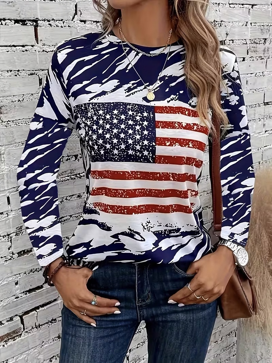 Camiseta Patriótica do Dia da Independência para Mulheres Gráfica com Bandeira Moda Estilosa Clássica de Manga Longa Crew Neck Neck Redonda Tamanhos Regulares para Uso Diário Impressão de Fim de de 2026 por $24.99 –P1