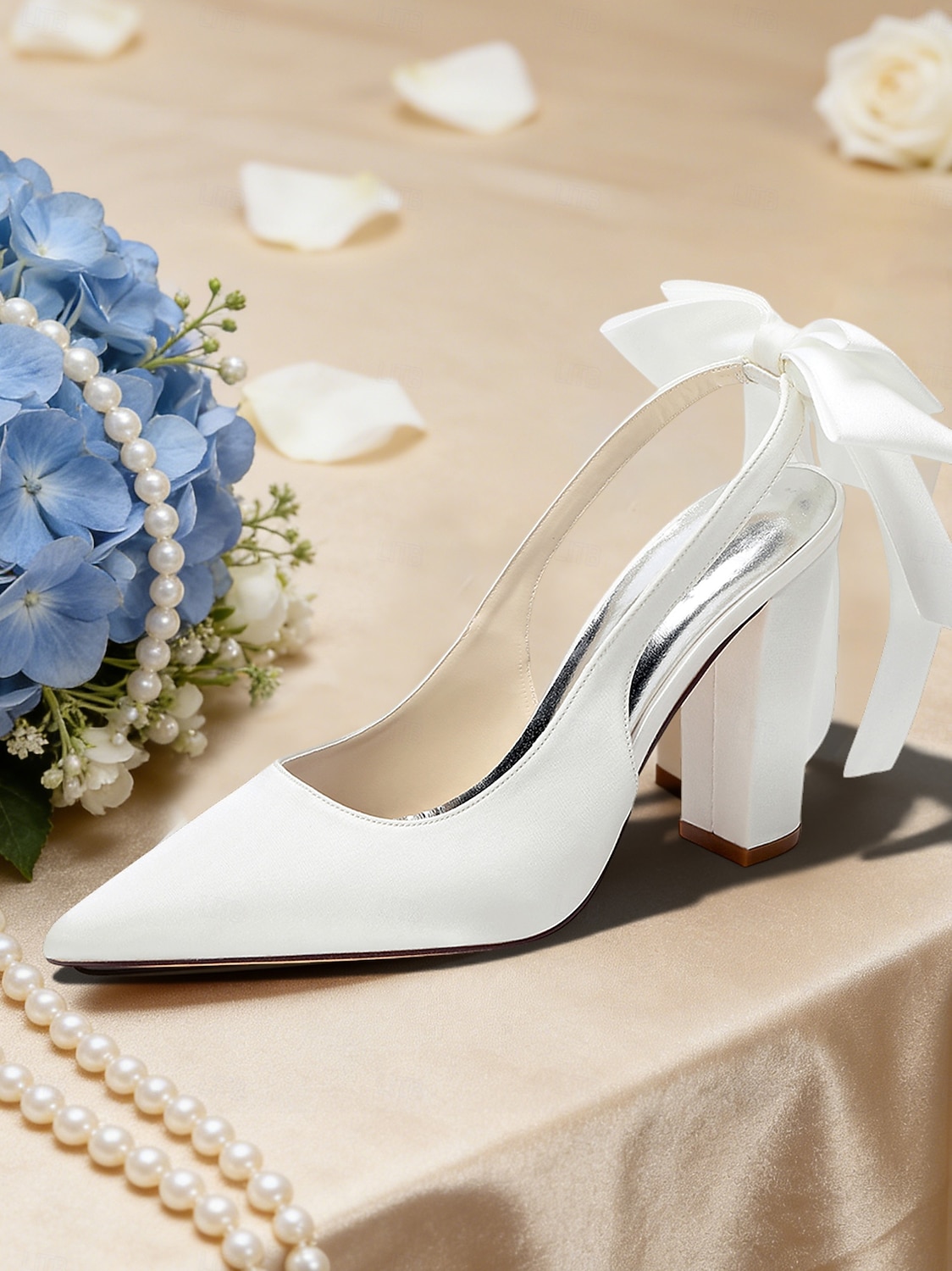 Women's Ivory Pointed-Toe Bow Slingback Heels, Elegant Satin Bridal Shoes for Church Wedding Bride 2026 - $64.99 –P6