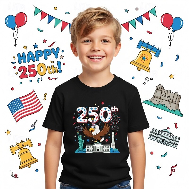 100% Cotone Bambini Ragazzi Blu Nero Bianco Grafico Aquila 250° anniversario Maglietta Blusa Girocollo Manica Corta All'aperto Abbigliamento Quotidiano Moda Streetwear Designer Stampa Estate del 2026 a $19.99 –P1