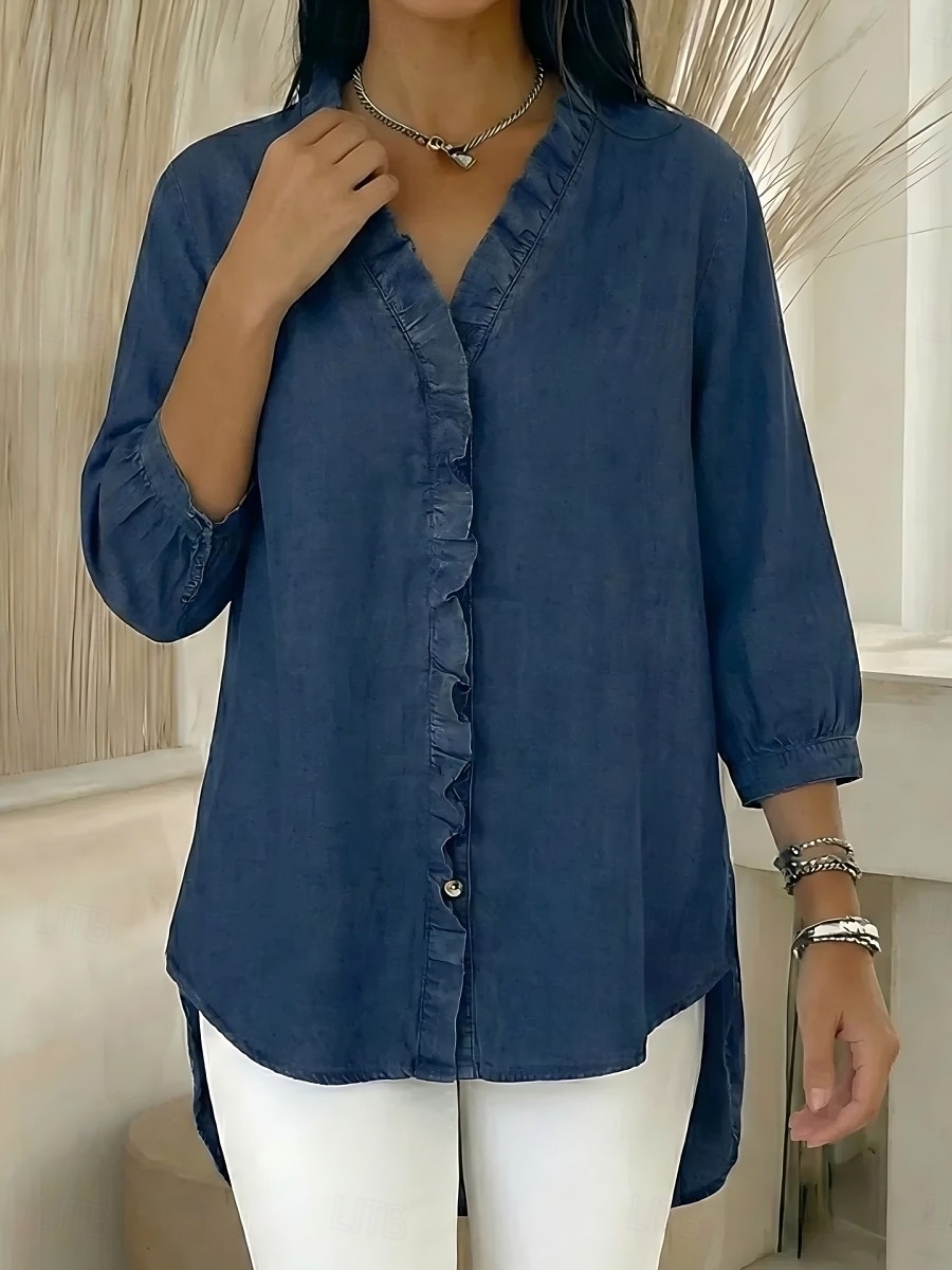 Per donna Camicia Estiva Camicia casual Blusa Volant Tinta unica Vacanza Vintage Elegante Manica 3/4 Scollo a V Top Regolari Quotidiano All'aperto Ferie Blu Nero Blu marino Albicocca Grigio Primavera del 2026 a $29.99 –P4