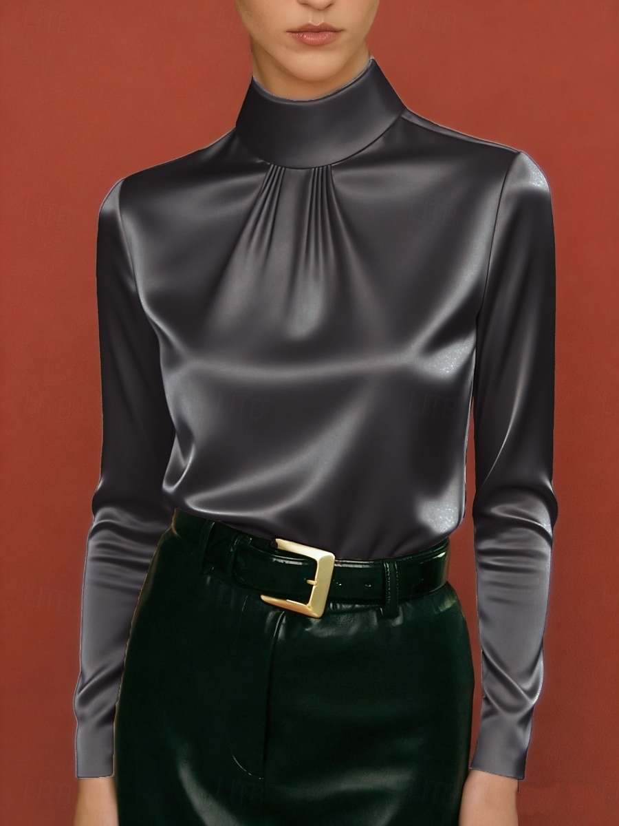 Mulheres Camisa Social Blusa de cetim Blusa Blusas de manga comprida Franzido Côr Sólida à moda Básico Clássico Manga Longa Gola Alta Tops regulares Diário Feriado Para Noite Preto Branco Roxo Cáqui de 2026 por $25.99 –P4