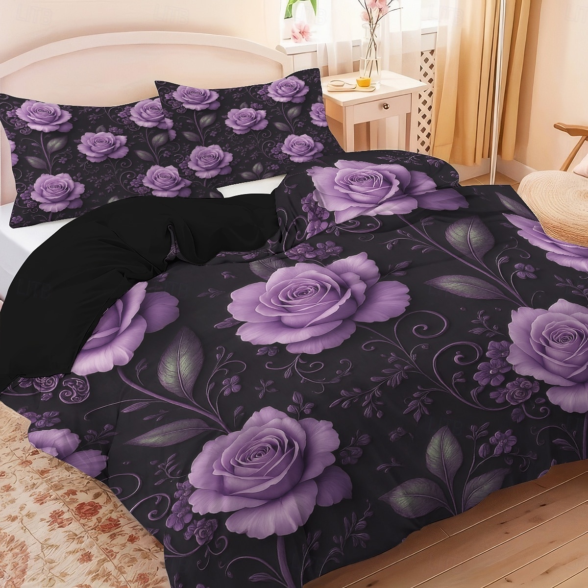Juego de funda nórdica con estampado de flores y mariposas de rosas moradas, juego de cama estilo hotel con 1 funda nórdica y 2 fundas de almohada, tela de felpa suave, no incluye edredón. 2026 - $44.99 –P1