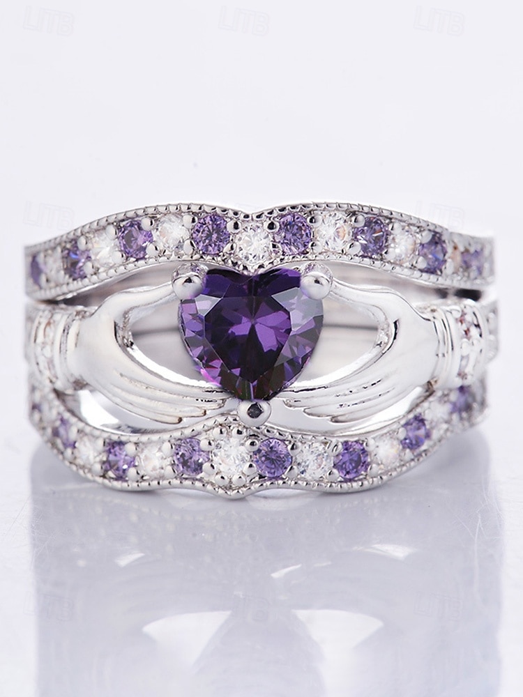 Damesringenset met 3-in-1 hartvormige amethist, gemaakt van legering, verkrijgbaar in meerdere kleuren, elegant ontwerp voor bruiloften, Valentijnsdag en feestjes. 2026 - $11.99 –P5