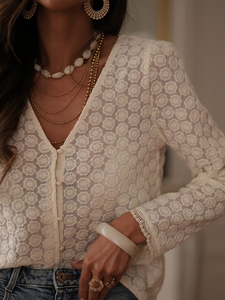 Damen Bluse Spitze Patchwork Einfarbig Stilvoll Lässig Langarm V Ausschnitt Normale Oberteile Täglich Aprikose Sommer Frühling Herbst 2026 - $33.99 –P1