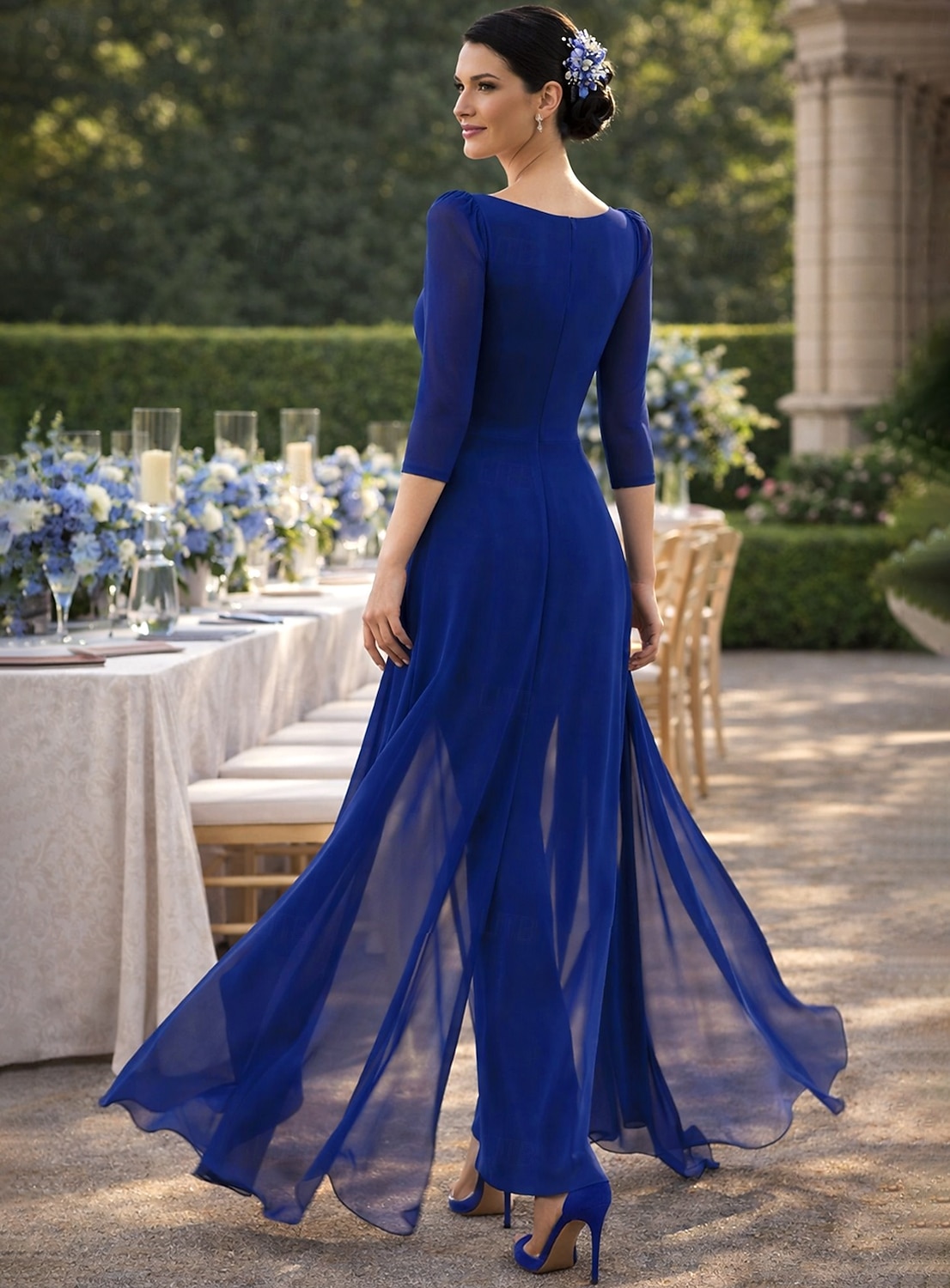 Traje de pantalón Hasta el Suelo Vestido de Madrina Manga 3/4 Escote en Pico Escote recto Elegante Vintage Formal Invitado a la boda Gasa con Fruncido Volantes en Cascada 2026 - $197.99 –P2