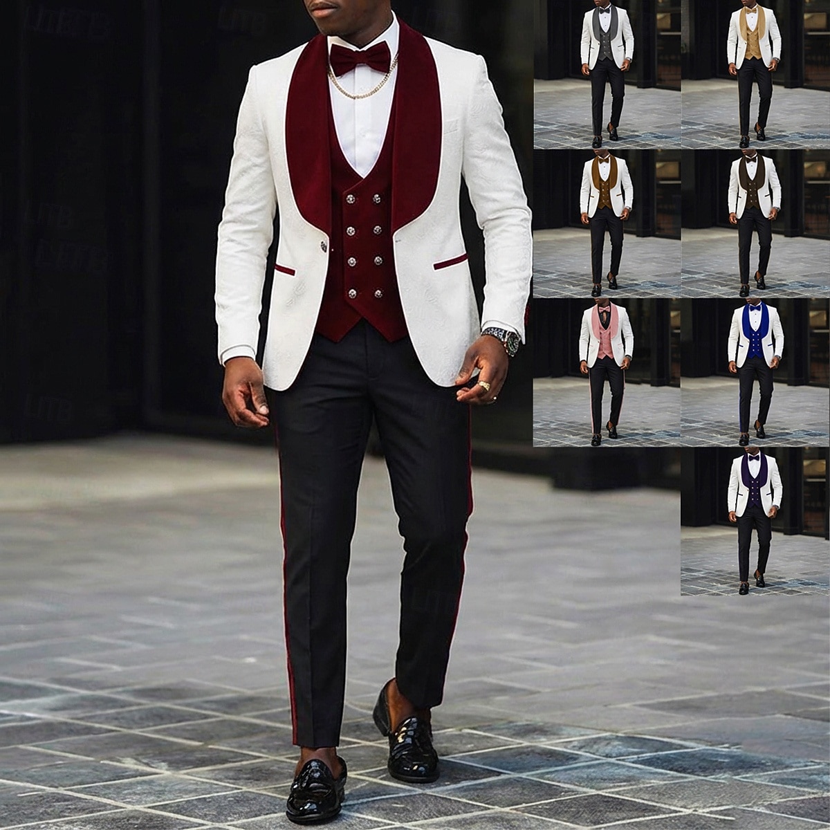 ملك الرجال توكسيدو بدلات الحفلات زفاف الشاطئ حفل زفاف ربيعي وردي بلاشيهغ عنابي للربيع والصيف بدلة فتحت الصدر عريضة موضة كاجوال بقع قياس نحيل 3 قطعة مجموعة زر واحد صدر واحد 2026 - GBP £96 –P1