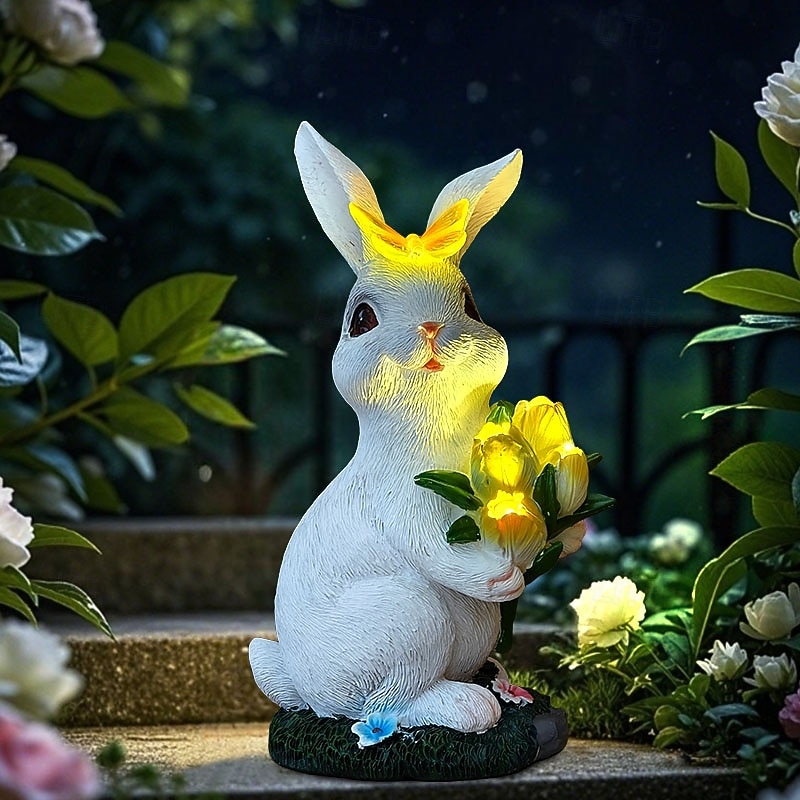 Pääsiäispupu tulppaaneilla ja perhoshartsihahmolla, ulkokäyttöön tarkoitettu aurinkoenergialla toimiva vedenpitävä puutarhakoriste, pihapolun nurmikon valaistus, söpö eläinpatsas maatilalle, maiseman 2026 - $34.99 –P1
