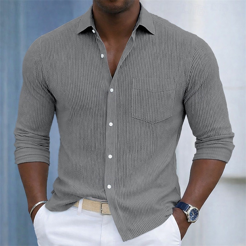 Bărbați Cămașă Textură Cămașă casual Cămasă Corduroy Camașă cu nasturi Negru Alb Vișiniu Bleumarin Trifoi Manșon Lung Simplu Guler Cămașă Casual Zilnic Buzunar frontal Îmbrăcăminte Elegant Mod 2026 - $31.99 –P5