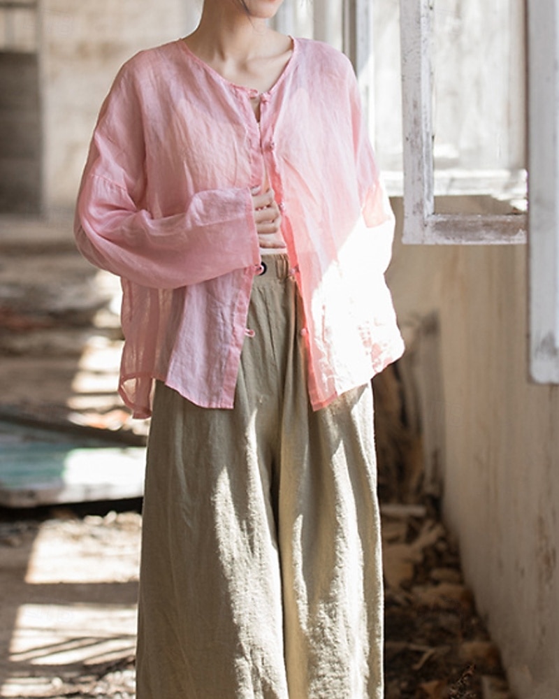 Camisa feminina 100% linho, blusa com botões, lisa, estilo vintage, manga longa, gola redonda, tops regulares para uso diário, férias, sair, nas cores preto, rosa, vermelho e verde, para verão e primavera. de 2026 por $45.99 –P4