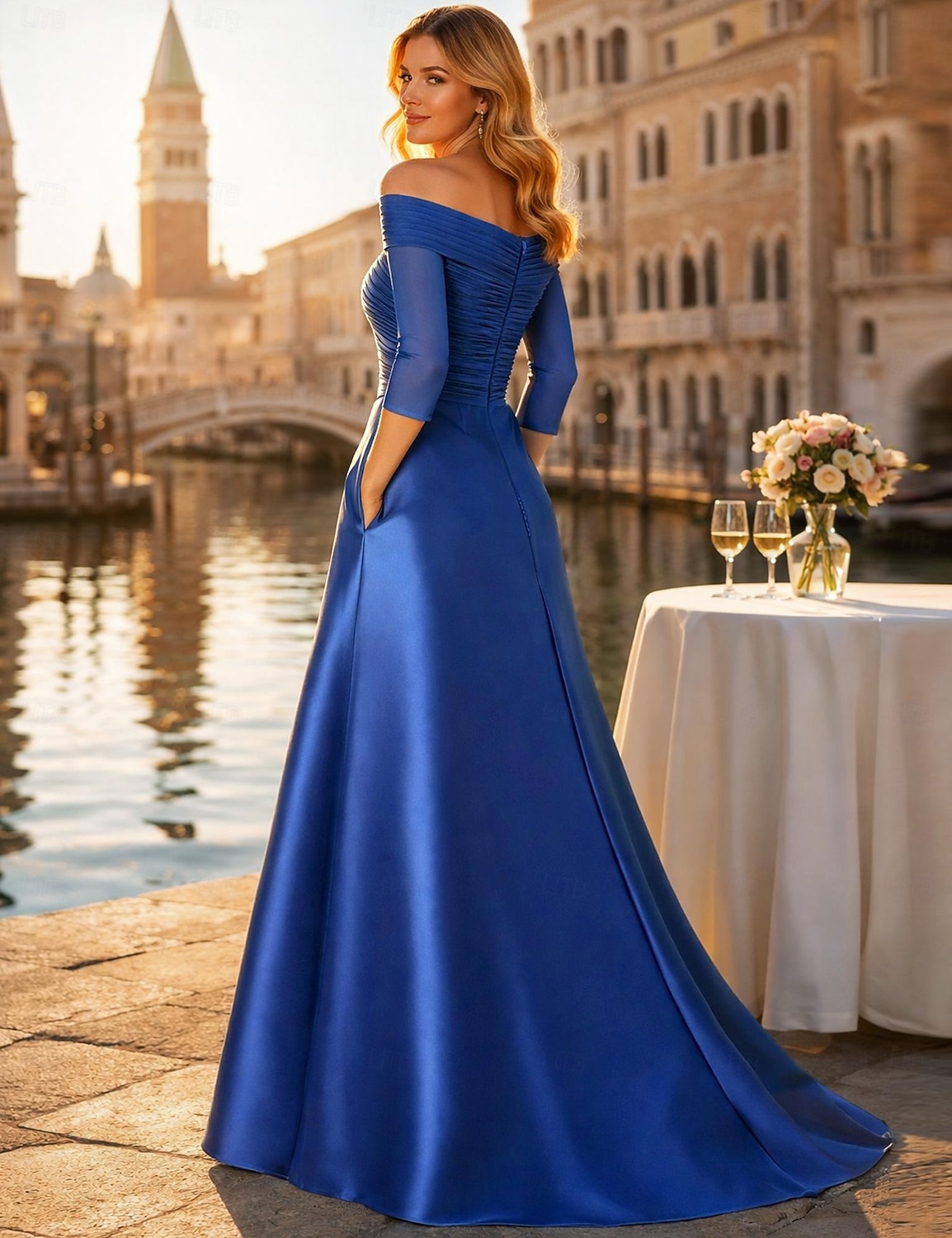 A-Line Floor Length Wedding Guest Dress Formal Dresses Evening Gown Mother of the Bride Dress Half Sleeve Off Shoulder Elegant Minimalist Mother Engagement Formal Evening Chiffon Satin with Ruched 2026 - $149.99 –P2