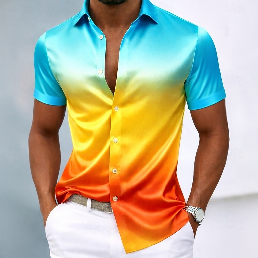 Men's Gradient Color Shirt Satin Shirt Dress Shirt Short Sleeve Fashion Casual Daily Vacation Summer Spring Turndown Collared Shirts 3D Print Button Up Shirts Blue Black Purple Light Blue 2026 - $15.99 –P3