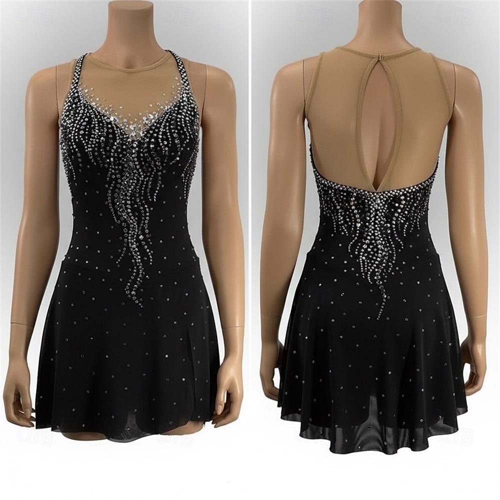 figure skating black dress Black Figure Skating Dress With Rhinestones and Feathers, Competition Ice  Skating Costume
