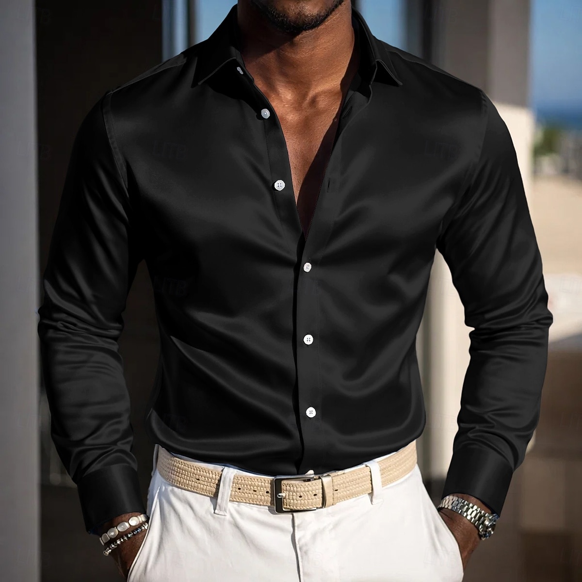 Voor heren Overhemd Satijnen overhemd Normaal shirt Overhemd met knopen Galashirt Effen Feest Bruiloft Koningsblauw Lange mouw Revers Alle seizoenen Kleding 2026 - $29.99 –P4