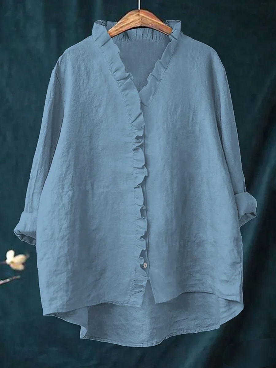 Easter Women's Tunic Casual Shirt Button Up Shirt Blouse Ruffle Solid Color Vacation Vintage Daily Long Sleeve V Neck Long Tops Work Beach Holiday Blue White Yellow Red Gray Summer Spring Fall Winter 2026 - $29.99 –P4