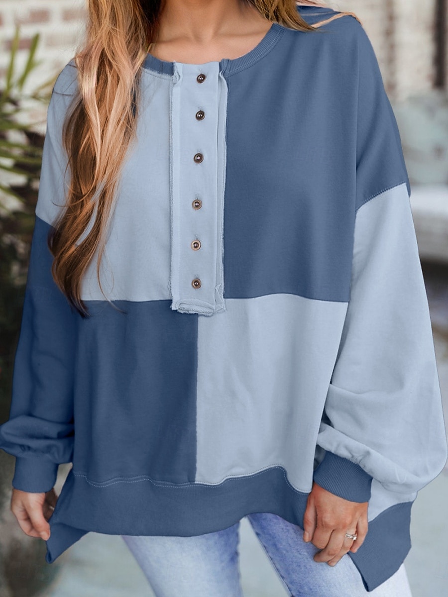 Жен. Pullover Толстовки Пэчворк Пуговицы Контрастных цветов Мода Классика Современное Длинный рукав Вырез под горло Обычные топы Для улицы На каждый день Синий Черный Розовый Небесно-голубой Зеленый 2026 - $41.99 –P20