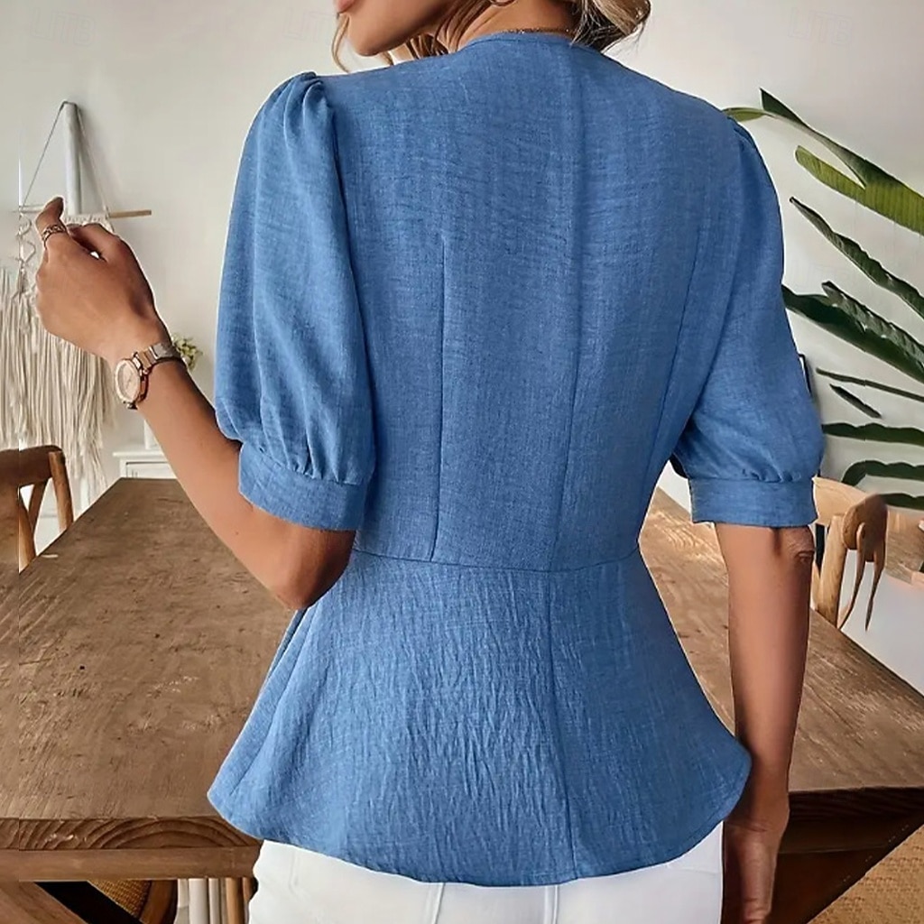 Damen Freizeithemd Knopfhemd Bluse Gerafft Tunika Knöpfe Einfarbig Einfach Elegant Täglich Stilvoll Kurzarm Puffärmel V Ausschnitt Normale Oberteile Ferien Strandbekleidung Urlaubskleidung Blau Kamel 2026 - $24.99 –P4