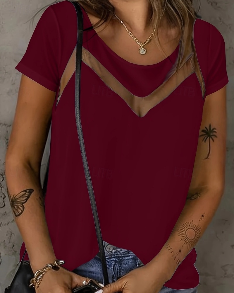 Mujer Camiseta Camiseta superior Encaje Plano Moda Elegante Clásico Manga Corta Cuello Barco Tops regulares Diario Noche Fin de semana Azul Piscina Negro Blanco Rojo Verano Primavera 2026 - $19.99 –P5