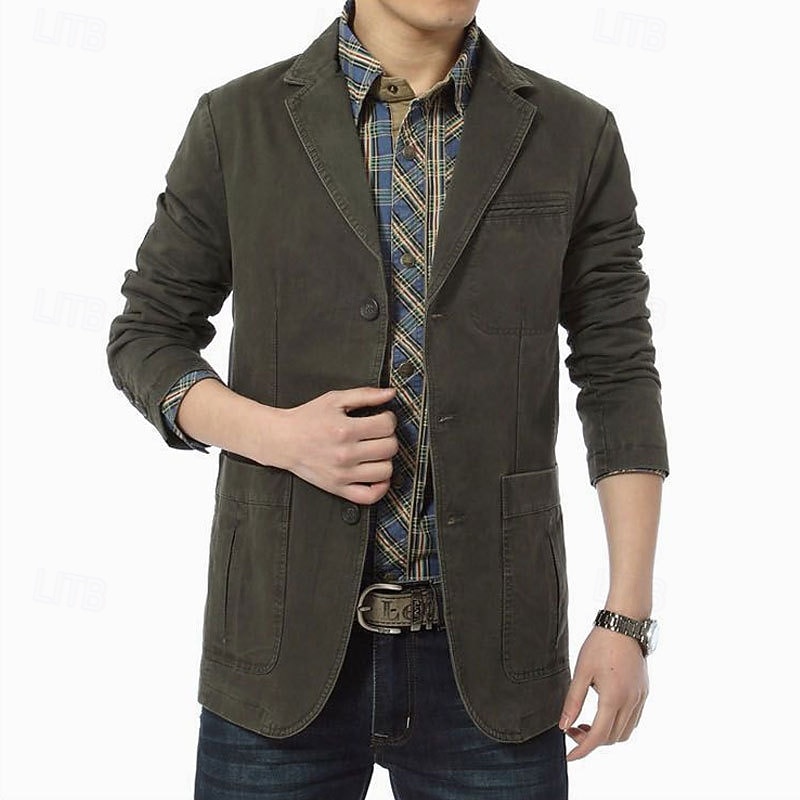Herren Blazerjacke Lässig Täglich Outdoor Vintage Lässig Sommer Frühling Baumwolle Einfarbig Button-Down Thermowarm Einreihig Blazer Schwarz Kaki Armeegrün 2026 - $37.99 –P3