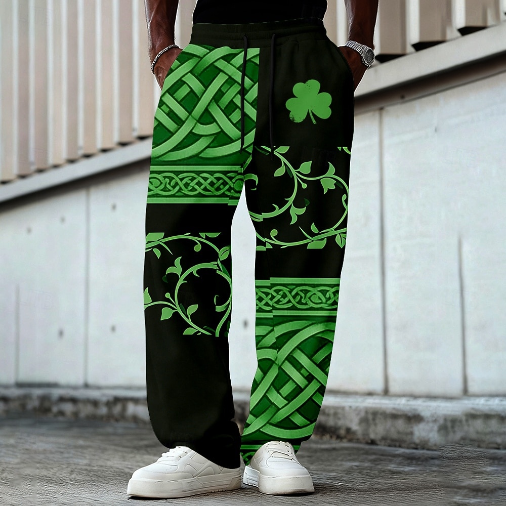 Tepláky s motivem shamrocku a keltského kříže na Den svatého Patrika pro muže casual kalhoty střední pas módní casual prázdninové elastický stahovací pas rovné nohavice s kapsami jaro podzim 3D 2026 - $24.99 –P1
