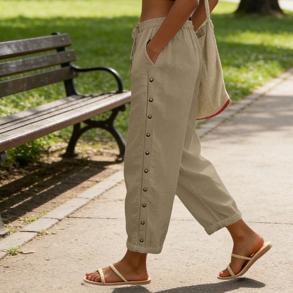 2026年 女性用 コットン ズボン サマーパンツ ビーチパンツ 旅行度假风 ファッション カジュアル 普段着 足首丈 ハイウエスト 平織り 弾性ウエスト サイドボタン ライトウェイト 快適 高通気性 伸縮性なし ストリートウェア ビーチ 祝日 ブルー ブラック ホワイト カーキ色 夏 春 秋 レギュラー  コレクション – $37.99 –P2