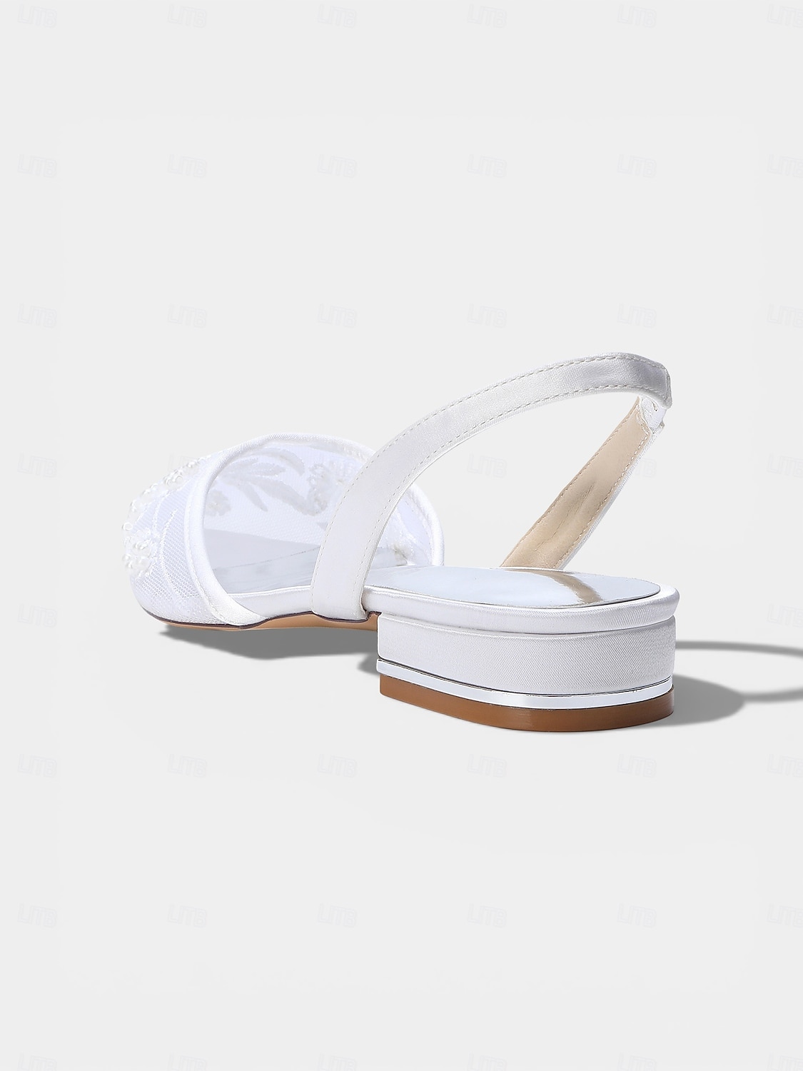 damskie granatowe, siateczkowe, płaskie buty typu slingback, zdobione perłami, ze spiczastym noskiem, dla druhen na wesela w ogrodzie 2026 - $59.99 –P5