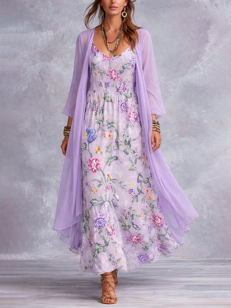 Damen Kleid-Set A Linie Kleid Urlaub Boho Blumen Grafik Geschichtet Druck Maxikleid Dreiviertelarm V Ausschnitt Strand Blau Rosa Purpur Sommer Frühling Normale Passform 2026 - $51.99 –P2