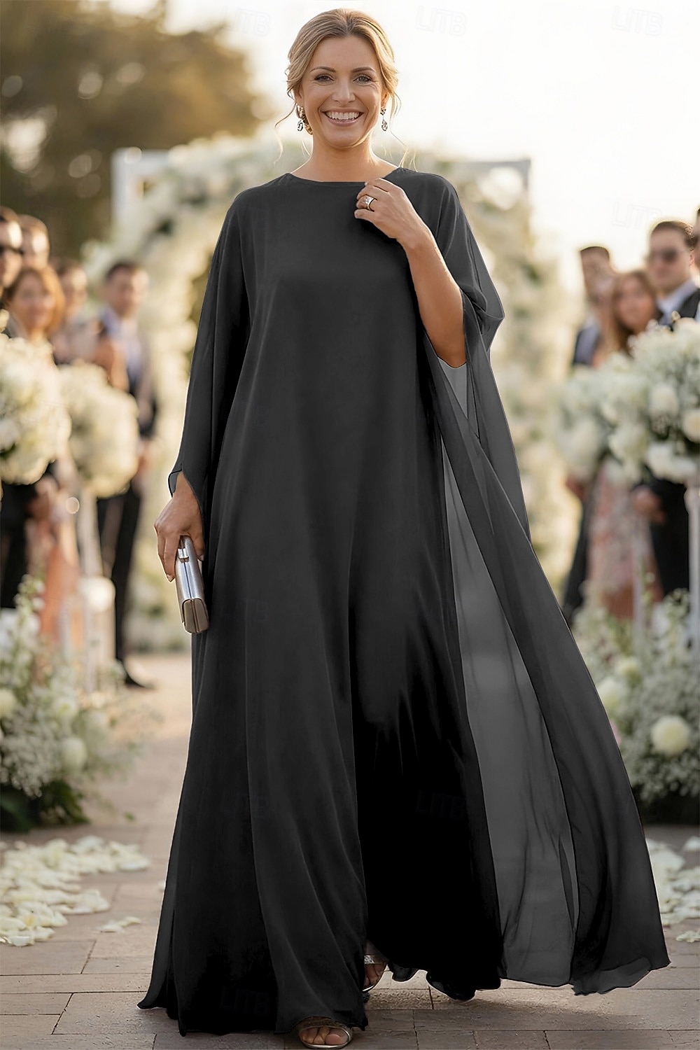A-Linie Schlauchkleid Bodenlang Kleid für Hochzeitsgäste Abendkleid Brautmutterkleid Langarm U-Boot-Ausschnitt Elegant Formeller Abend Chiffon mit Einfarbig 2026 - $149.99 –P4