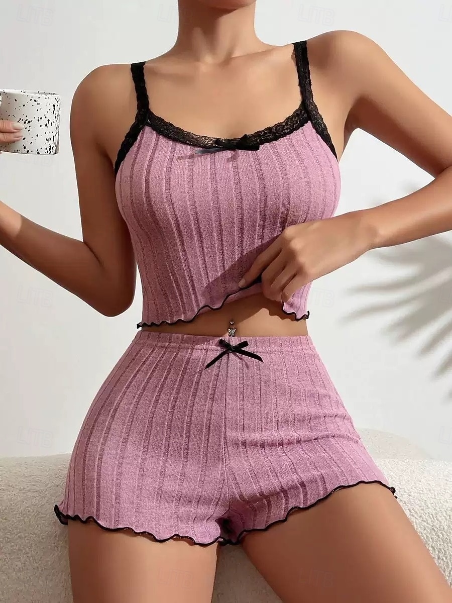 Femmes Ensemble Pyjama Occasionnel Confort Couleur Unie Dentelle Taille Élastique Shorts Quotidien Maison Sans manches Bretelles Bleu Blanche Rose Claire Vin Gris Été Printemps Coupe régulière de 2026 ? $14.99 –P2