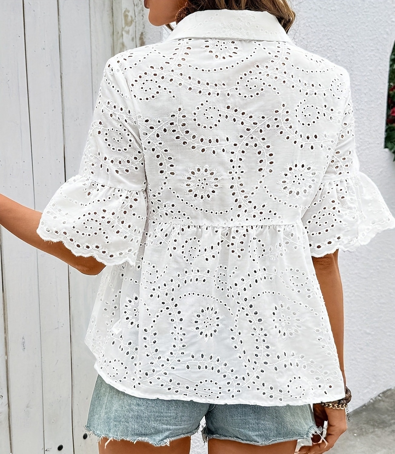 Women's Summer Shirt Casual Shirt Blouse Hollow Out Eyelet Solid Color Elegant Stylish Casual Sleeveless Bell Sleeve Turndown Regular Tops Daily Holiday Going out White Summer Spring 2026 - $32.99 –P5