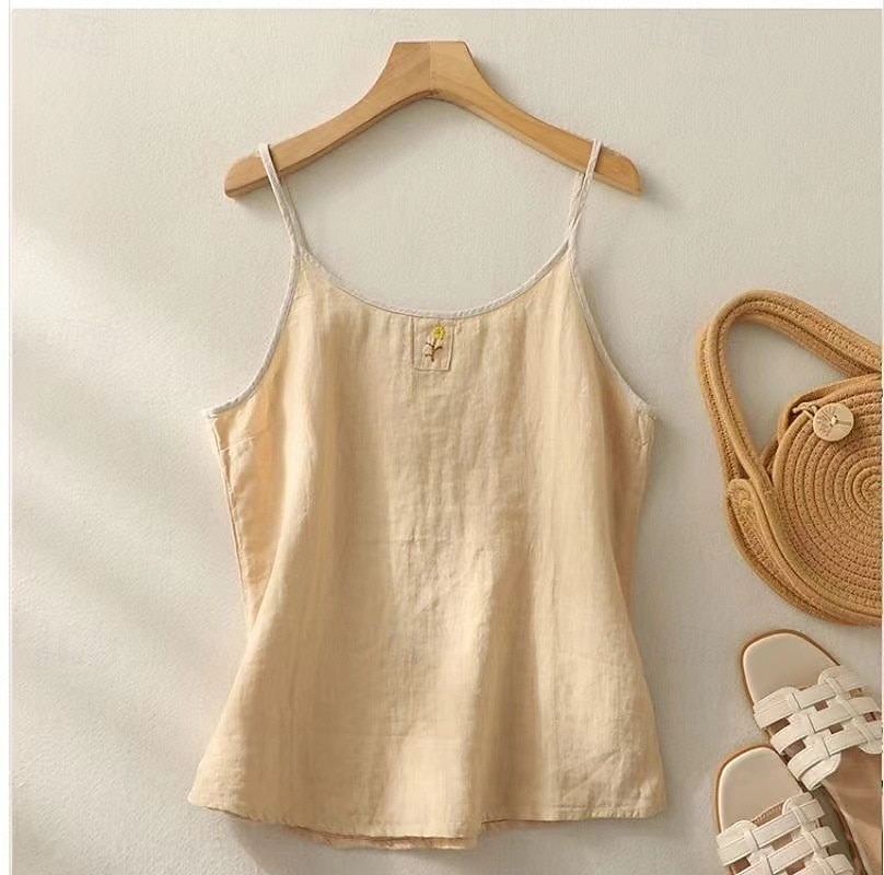 Women's Shirt Blouse Embroidered Solid Color Plain Vintage Sleeveless Scoop Neck Crop Tops Coffee brown Hemp natural color Navy Blue Apricot Summer Spring 2026 - $12.99 –P6