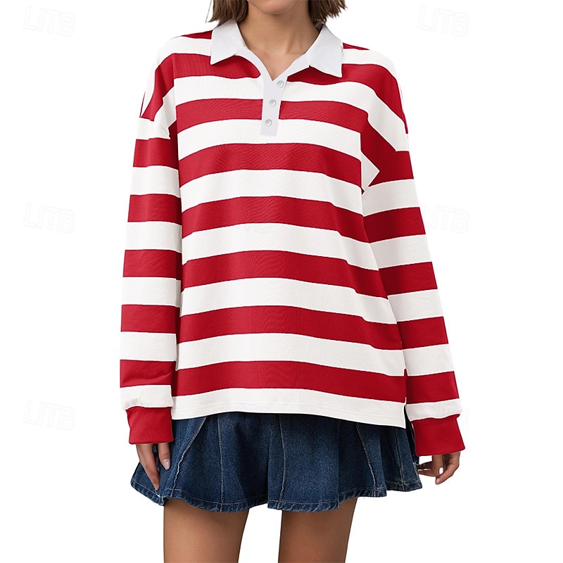 Women's T Shirt Tee Top Buttons Striped Fashion Stylish Classic Long Sleeve Shirt Collar Regular Tops Daily Going out Weekend White Yellow Pink Red Red White Spring Fall 2026 - $32.99 –P5