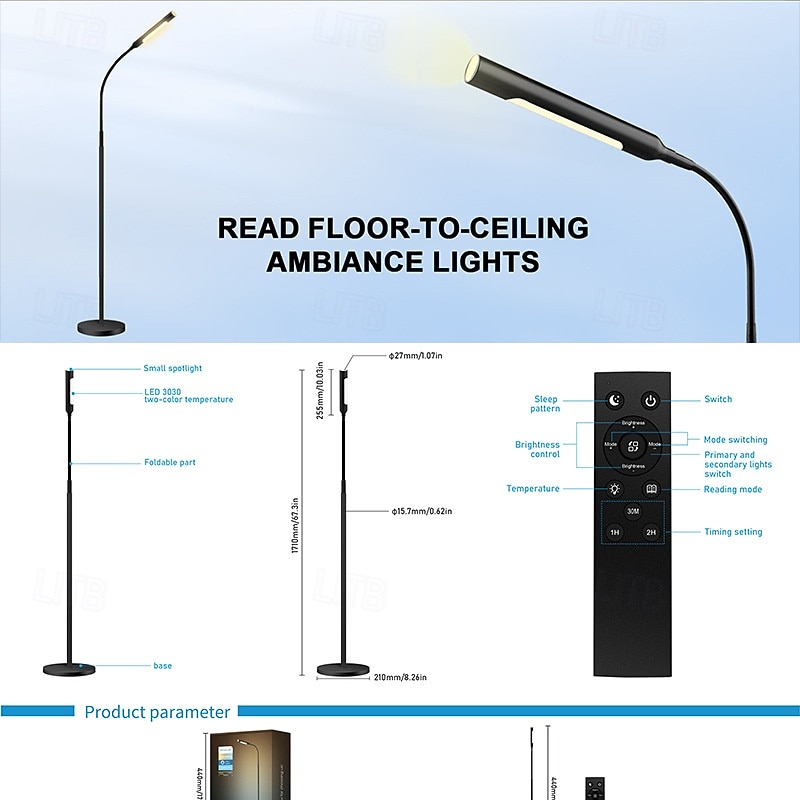 LED-leeslamp voor naast de bank, oogvriendelijke staande lamp met traploze dimfunctie, warm wit licht, afstandsbediening, moderne nachtlamp voor slaapkamer, woonkamer, kantoor of studeerkamer. 2026 - $61.99 –P1