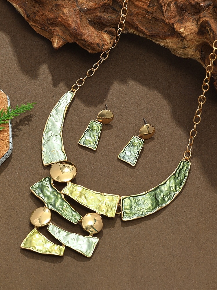 Γυναικείο σετ κολιέ και σκουλαρίκια από μποέμικο κράμα, πολύχρωμα γεωμετρικά κοσμήματα με υφή, κομψά αξεσουάρ boho στυλ για γυναίκες, ιδανικά για casual ντύσιμο, διακοπές, φεστιβάλ και πάρτι 2026 - $11.99 –P5