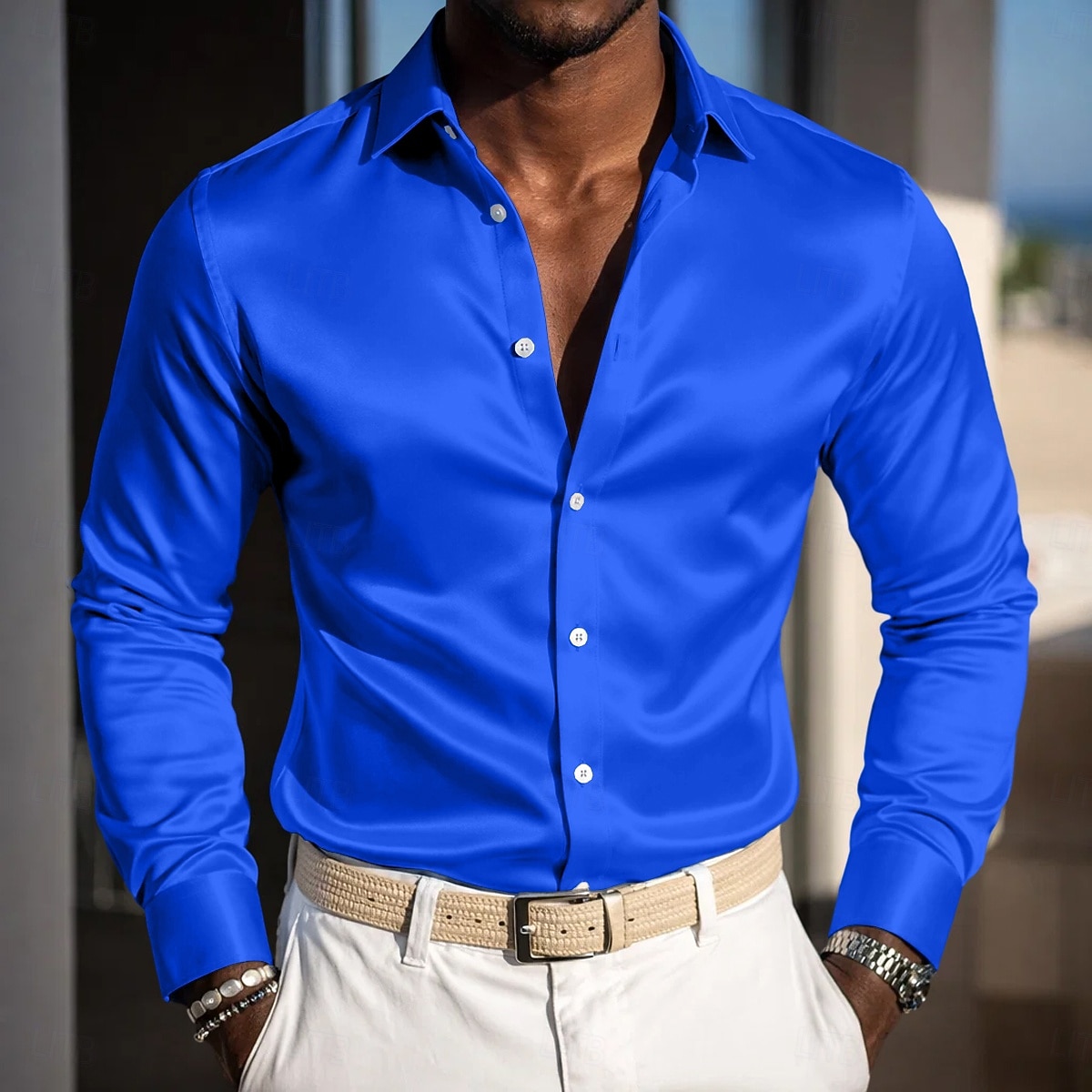 Voor heren Overhemd Satijnen overhemd Normaal shirt Overhemd met knopen Galashirt Effen Feest Bruiloft Koningsblauw Lange mouw Revers Alle seizoenen Kleding 2026 - $29.99 –P5