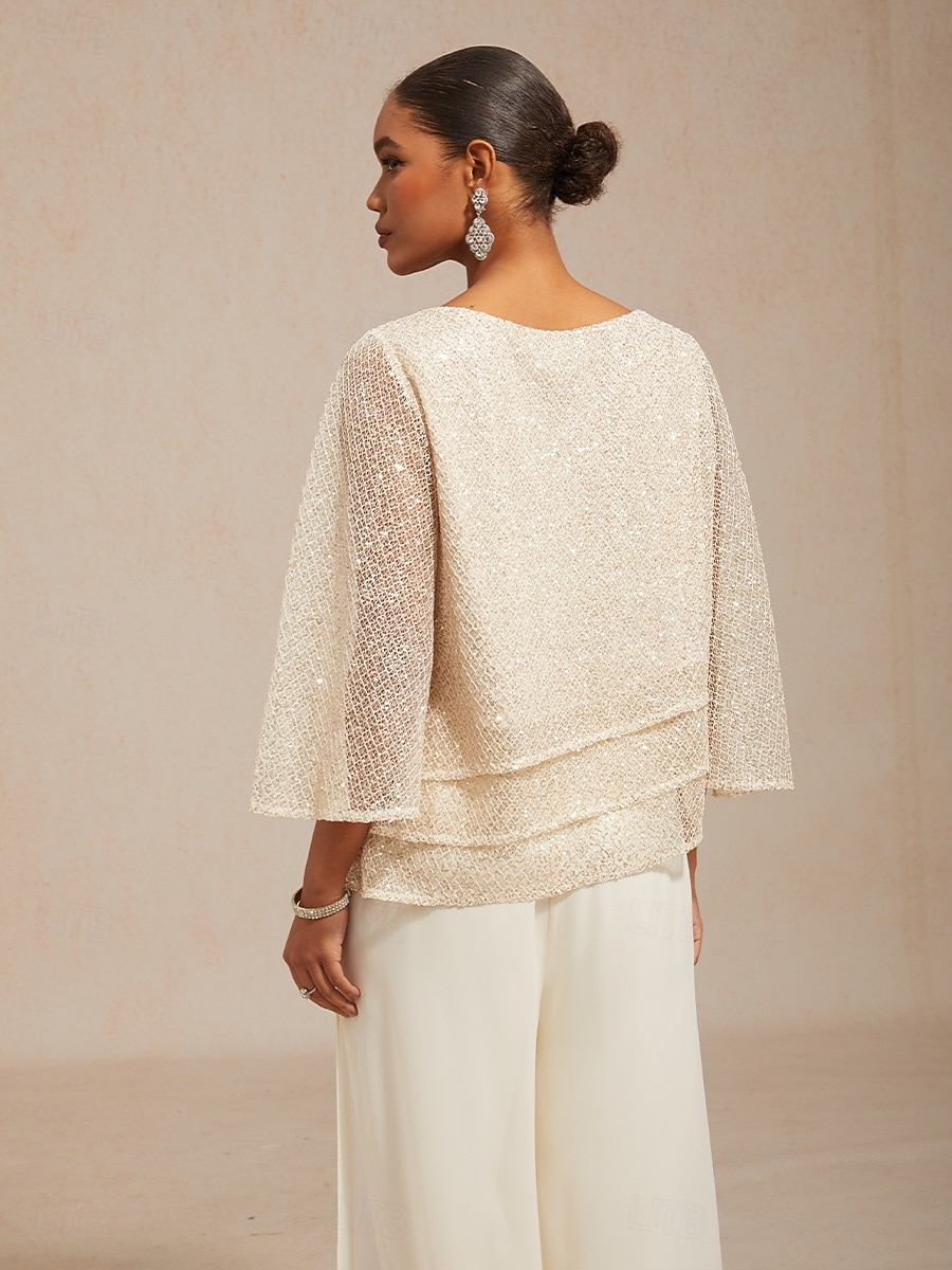 Women's Blouse Lace Tops Sequins Illusion Solid Color Elegant 3/4 Length Sleeve Bell Sleeve Crew Neck Daily Wedding Guest Vacation Wear Beige Summer Spring Fall 2026 - E£4427.73 –P2